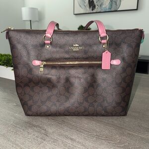 Coach Brown Signature Tote with Pink Trim